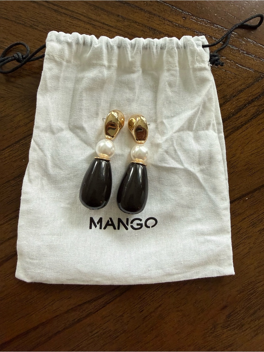 Mango Gold, Black & Pearl Drop Earrings - Picture 2 of 3